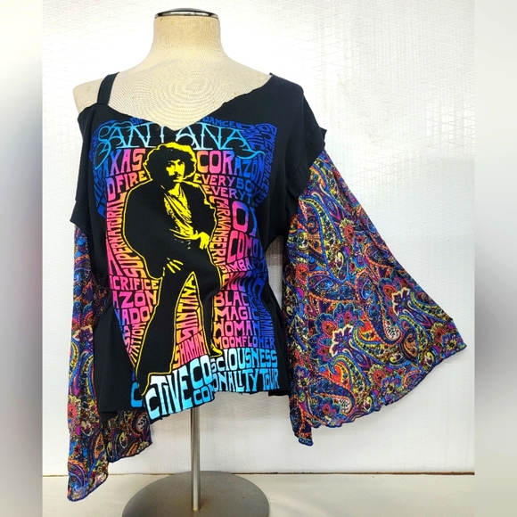 Tops - Carlos Santana Rock Band Tee With Psychedelic Sleeves Upcycled Retro Band Merch